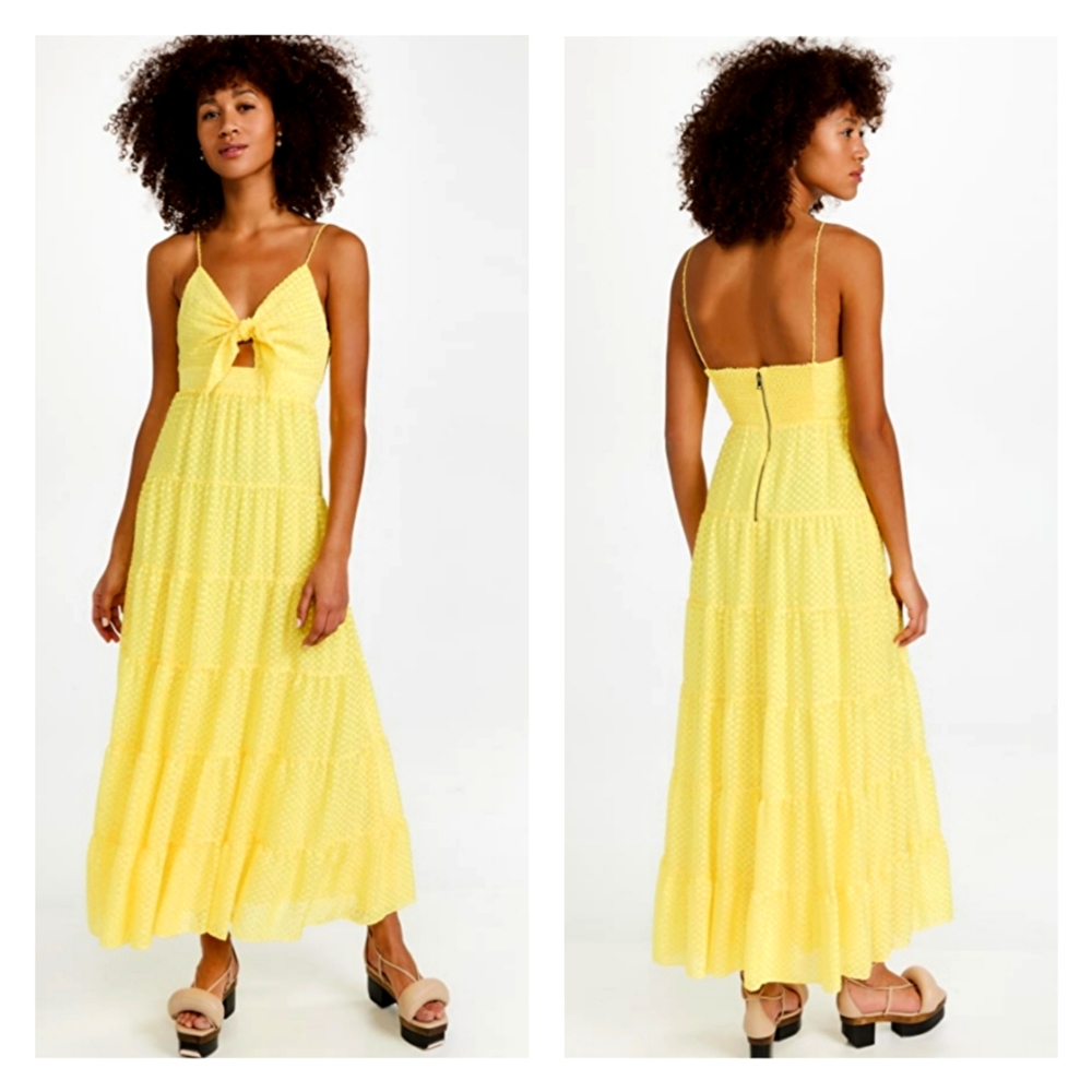 ALICE + OLIVIA Maxi Sun Dress Sunflower Yellow Tie Front Cut Out Detail